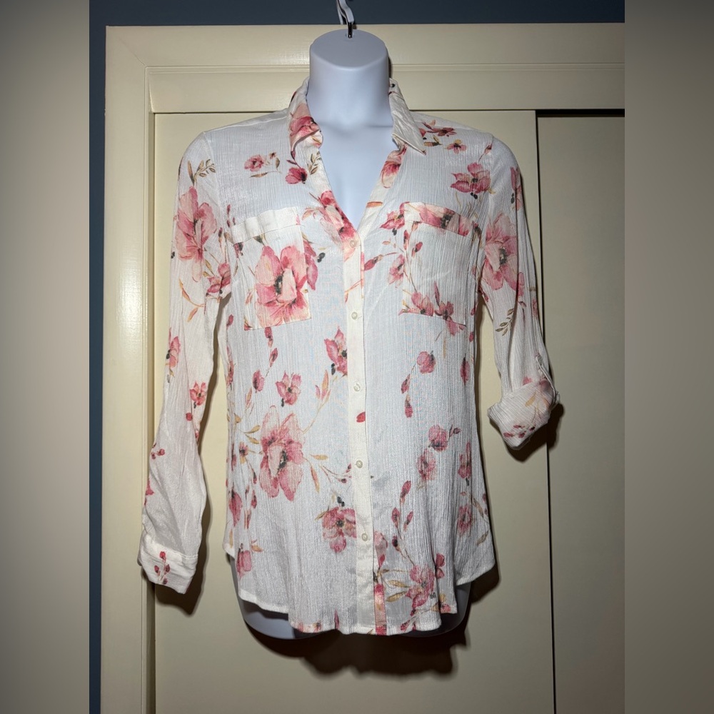 Candie’s Floral Gauzie Button-Down Blouse in White and Pink Size XXL